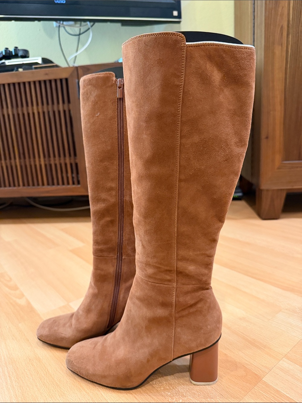 Tall Suede Block Heel Boots in Chestnut
